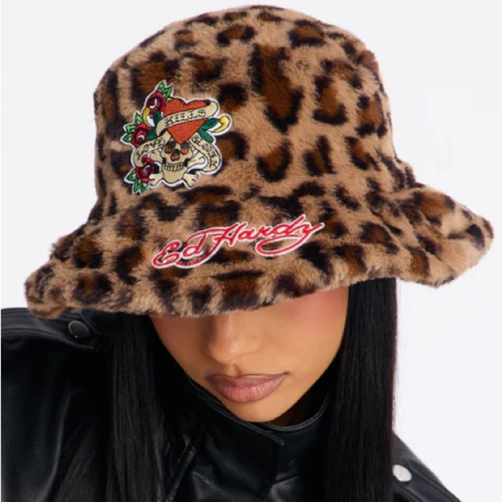 Ed Hardy Brown Leopard Fur Bucket Hat